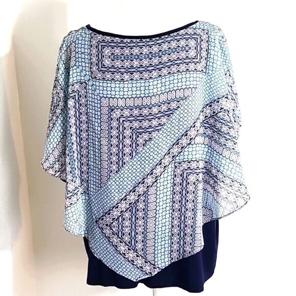 I.N. Studio Light Blue Print Poncho Top with Navy Cami, Size 1X - Picture 6 of 8